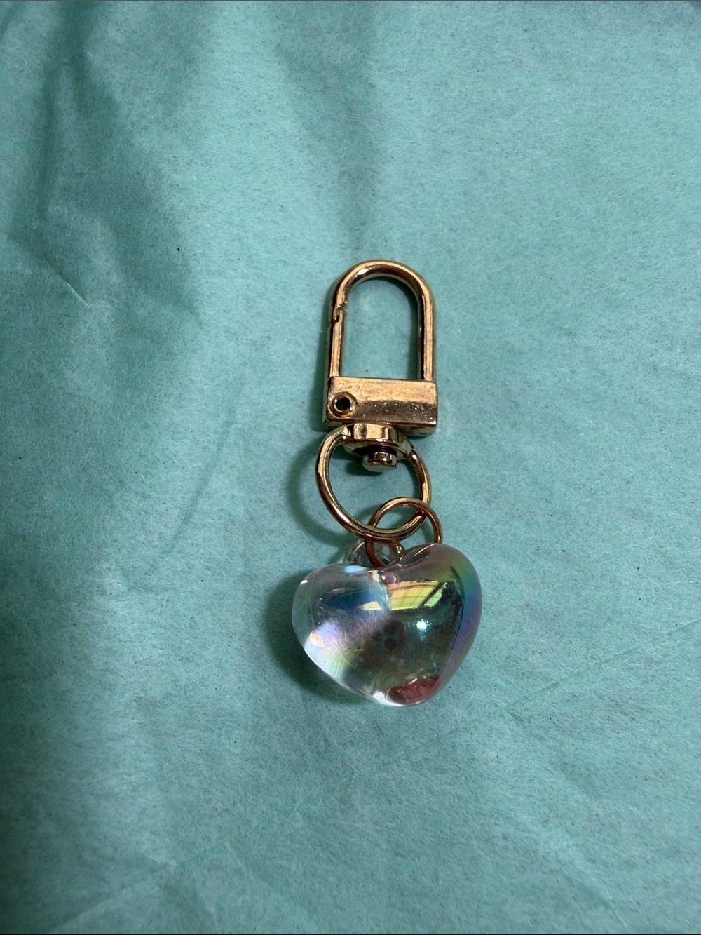 Gold Tone Heart Keychain Charm with Iridescent Acrylic Heart